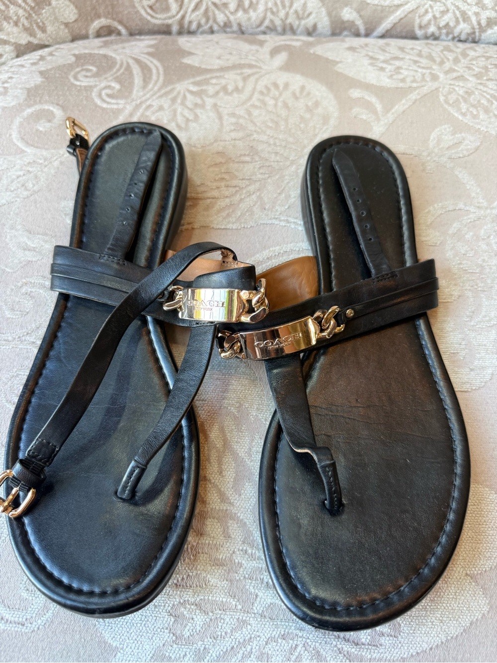 Coach Black Leather Thong Sandals with Gold Plaque
